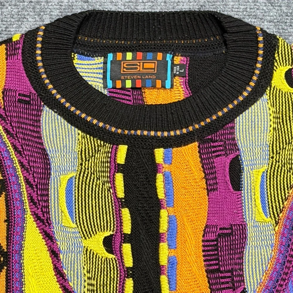 Vintage Steven Land 90s Multicolor 3D Knit Sweater Coogi Style Size - L - Picture 2 of 6